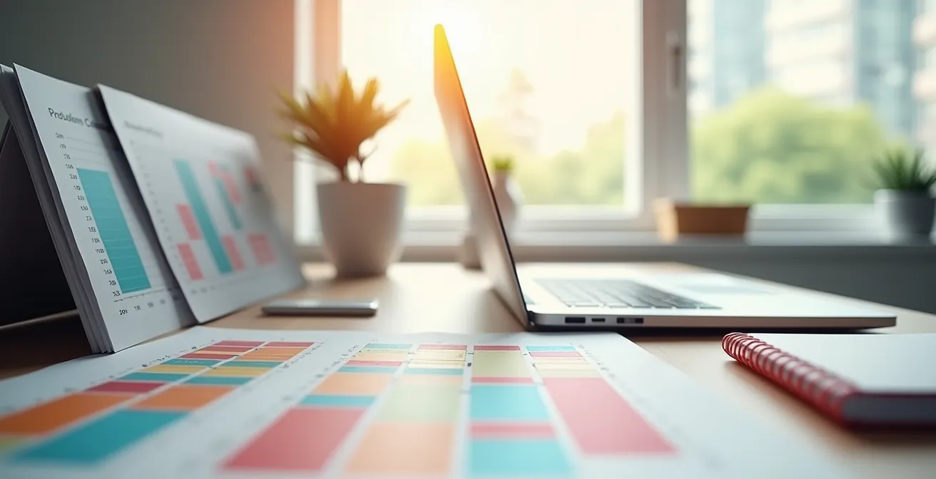 Planning de production packaging sur bureau avec échantillons